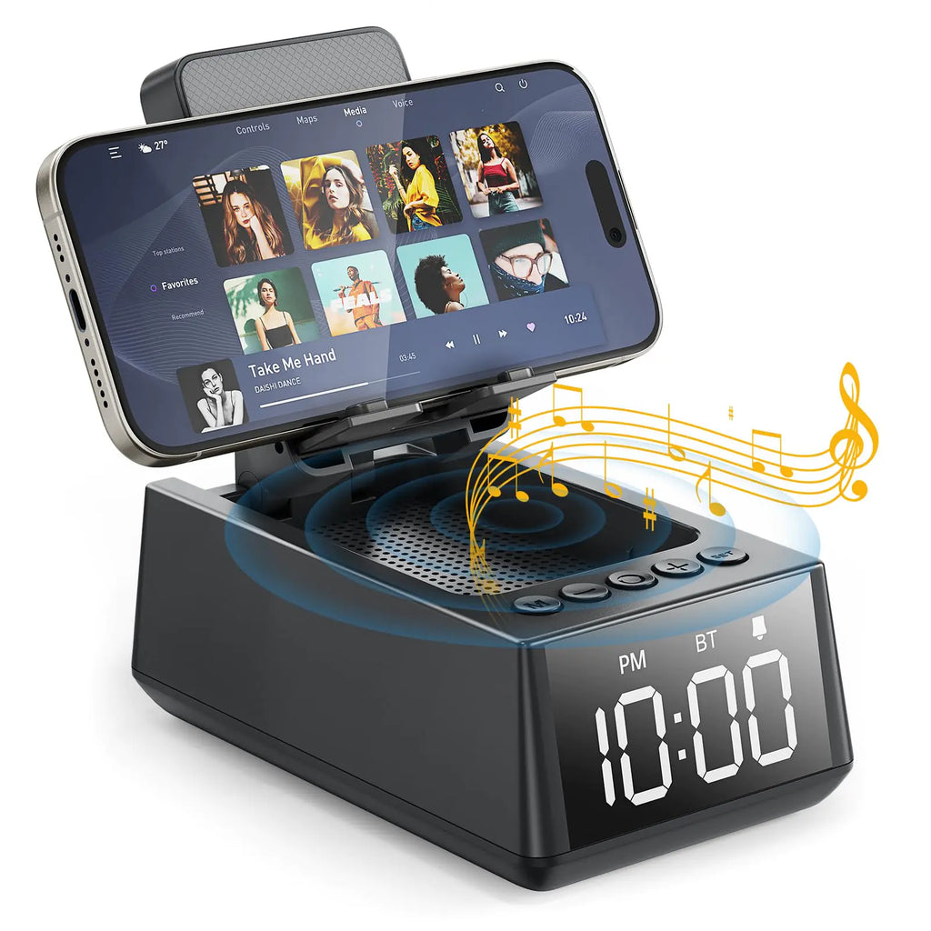Presents for Men/Women Cell Phone Stand with Wireless Bluetooth Speaker 12H Time Display Unique Presents for Him Husband Boyfriend Dad Her Wife Mom Cool Multi Functional Gadget (Crow Black)